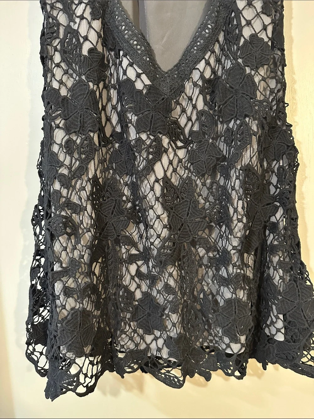 Free People Black Crochet Lace Mini Dress Size Small Sheer Boho Festival Dress